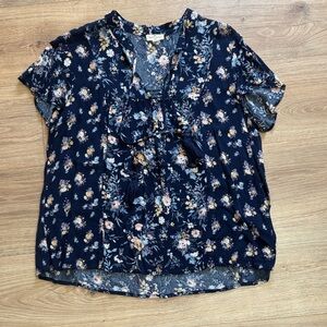 Navy Floral Blouse with Tassels